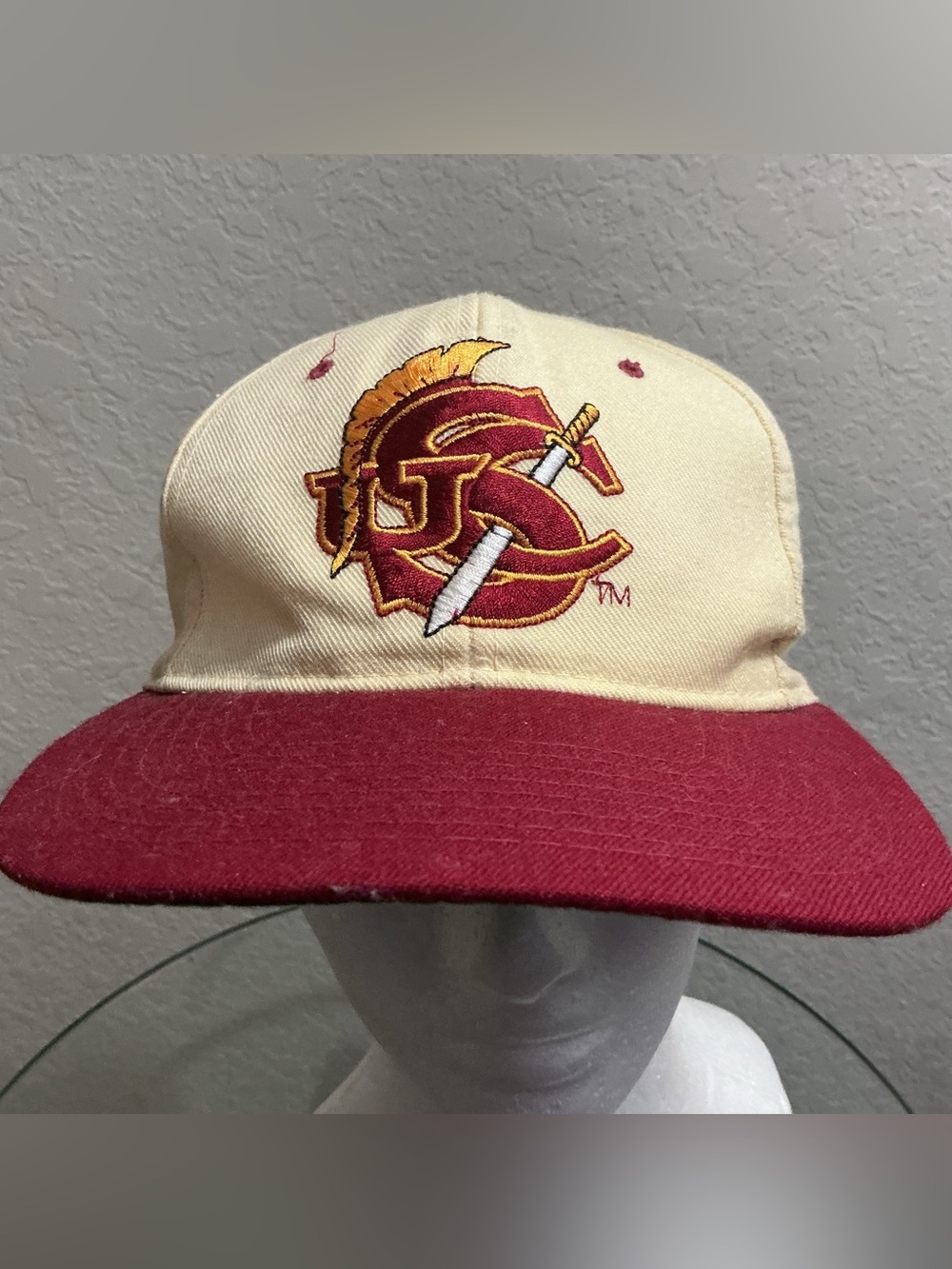 Vintage 90s USC Trojans New Era Snapback Hat Green Bottom Wool Cream Maroon